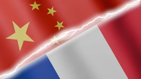 Two waving flags China and France with diagonal lightning 4k loop Stock Footage 329223844