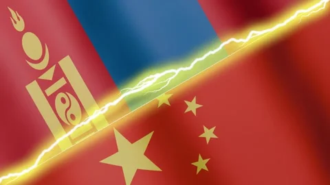 Two waving flags China and Mongolia with diagonal lightning, 4k loop Stock Footage 338196065