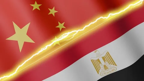 Two waving flags China and Egypt with diagonal lightning, 4k loop Stock Footage 339995440