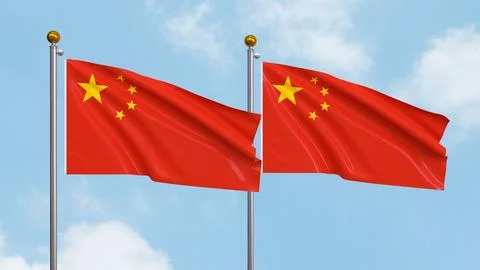 Two waving flags of China on sky background. 3D illustration. Stock Illustration