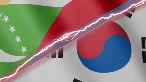 Two waving flags Comoros and South Korea with diagonal lightning 4k loop Stock Footage 328084643