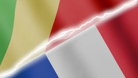 Two waving flags Congo-Brazzaville and France with diagonal lightning 4k loop Stock Footage 329223850