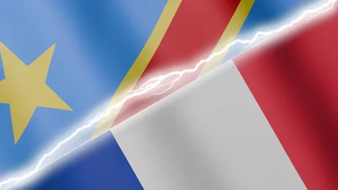 Two waving flags Congo-Kinshasa and France with diagonal lightning 4k loop Stock Footage 329223851