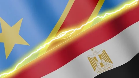 Two waving flags Congo - Kinshasa and Egypt with diagonal lightning, 4k loop Stock Footage 339995455