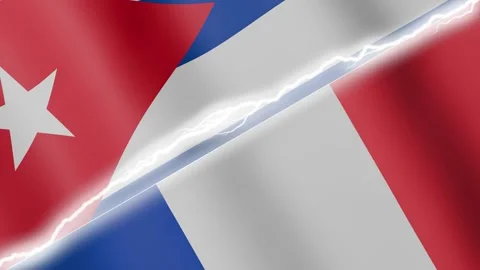 Two waving flags Cuba and France with diagonal lightning 4k loop Stock Footage 329223853