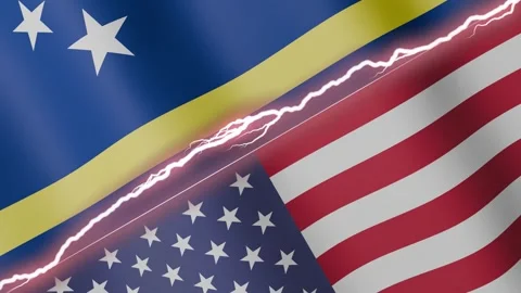 Two waving flags Curacao and United States with diagonal lightning 4k loop Stock Footage 327665392
