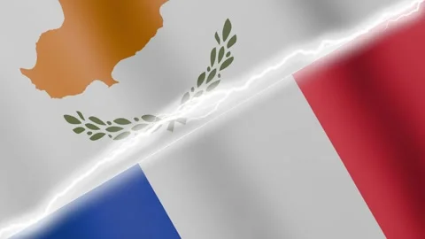 Two waving flags Cyprus and France with diagonal lightning 4k loop Stock Footage 329223852