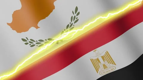 Two waving flags Cyprus and Egypt with diagonal lightning, 4k loop Stock Footage 339995497