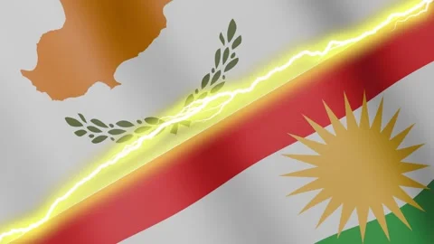 Two waving flags Cyprus and Kurdistan with diagonal lightning, 4k loop Stock Footage 340197576