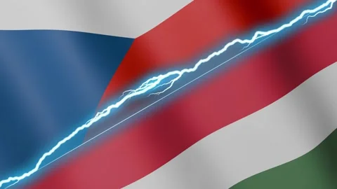 Two waving flags Czech and Hungary with diagonal lightning 4k loop Stock Footage 332488749