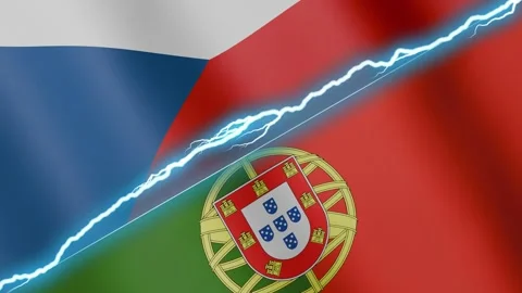 Two waving flags Czech and Portugal with diagonal lightning 4k loop Stock Footage 333315459