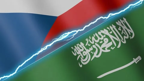 Two waving flags Czech and Saudi Arabia with diagonal lightning 4k loop Stock Footage 334030374