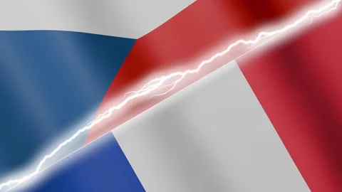 Two waving flags Czech Republic and France with diagonal lightning 4k loop Stock Footage 329223862