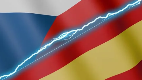 Two waving flags Czech Republic and Spain with diagonal lightning 4k loop Stock Footage 332668931