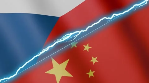 Two waving flags Czech Republic and China with diagonal lightning 4k loop Stock Footage 333520222