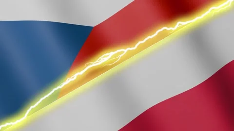 Two waving flags Czech Republic and Poland with diagonal lightning 4k loop Stock Footage 335452973