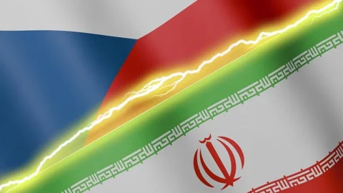 Two waving flags Czechia and Iran with diagonal lightning, 4k loop Stock Footage 337875417