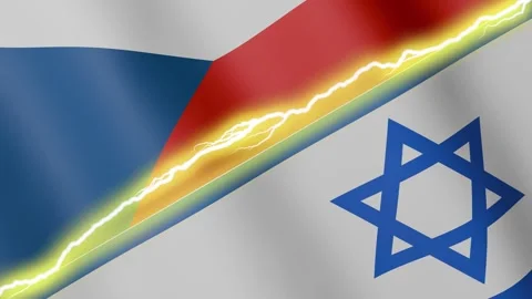 Two waving flags Czechia and Israel with diagonal lightning, 4k loop Stock Footage 338183180