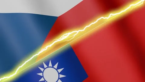 Two waving flags Czechia and Taiwan with diagonal lightning, 4k loop Stock Footage 339258983