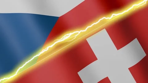 Two waving flags Czechia and Switzerland with diagonal lightning, 4k loop Stock Footage 339470545