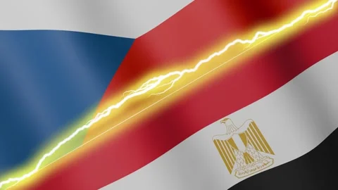 Two waving flags Czechia and Egypt with diagonal lightning, 4k loop Stock Footage 339995476