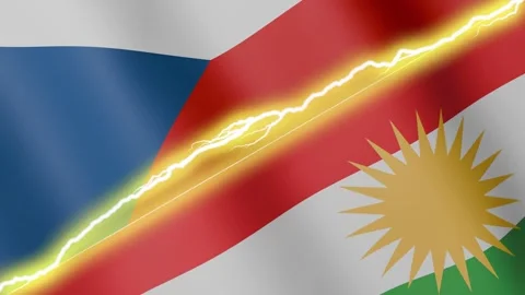 Two waving flags Czechia and Kurdistan with diagonal lightning, 4k loop Stock Footage 340197586