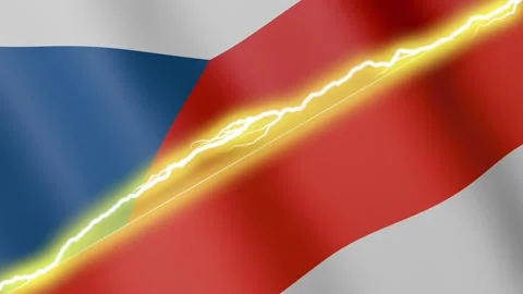Two waving flags Czechia and Indonesia with diagonal lightning, 4k loop Stock Footage 341757900