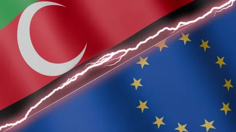 Two waving flags Darfur and European Union with diagonal lightning, 4k loop Stock Footage 327660552