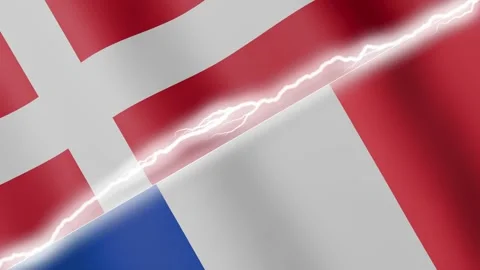 Two waving flags Denmark and France with diagonal lightning 4k loop Stock Footage 329223861