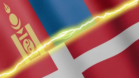 Two waving flags Denmark and Mongolia with diagonal lightning, 4k loop Stock Footage 338196071