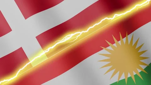 Two waving flags Denmark and Kurdistan with diagonal lightning, 4k loop Stock Footage 340197590