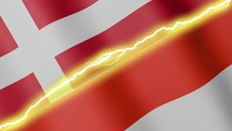Two waving flags Denmark and Indonesia with diagonal lightning, 4k loop Stock Footage 341757901