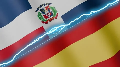 Two waving flags Dominican Republic and Spain with diagonal lightning 4k loop Stock Footage 332668939