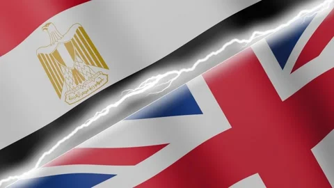 Two waving flags Egypt and United Kingdom with diagonal lightning, 4k loop Stock Footage 329026795