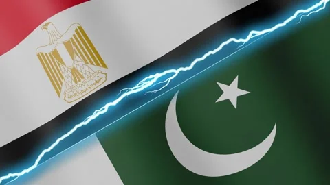 Two waving flags Egypt and Pakistan with diagonal lightning 4k loop Stock Footage 333225128