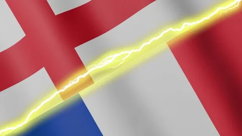 Two waving flags England and France with diagonal lightning 4k loop Stock Footage 329223872