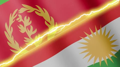 Two waving flags Eritrea and Kurdistan with diagonal lightning, 4k loop Stock Footage 340197619