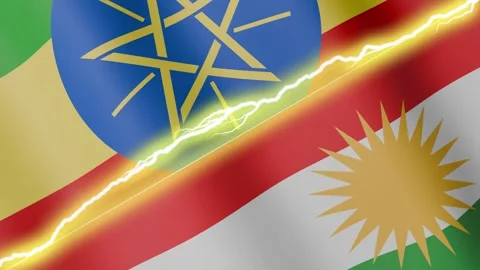 Two waving flags Ethiopia and Kurdistan with diagonal lightning, 4k loop Stock Footage 340197642