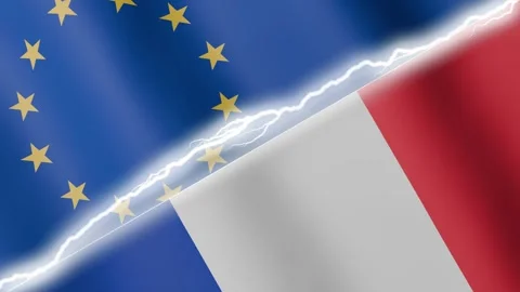 Two waving flags EU and France with diagonal lightning 4k loop Stock Footage 329223863