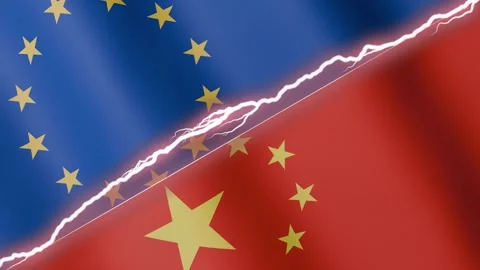 Two waving flags European Union and China with diagonal lightning 4k loop Stock Footage 328619696