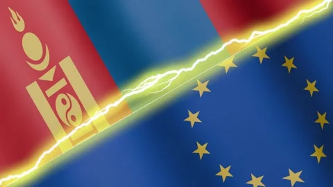 Two waving flags European Union and Mongolia with diagonal lightning, 4k loop Stock Footage 338196090