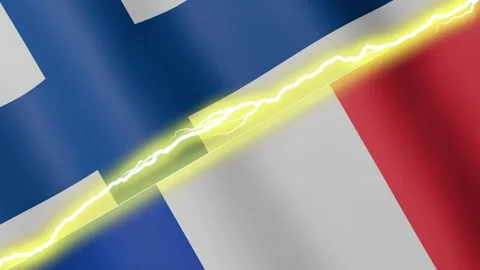 Two waving flags Finland and France with diagonal lightning 4k loop Stock Footage 329223879