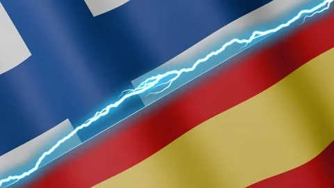 Two waving flags Finland and Spain with diagonal lightning 4k loop Stock Footage 332668964