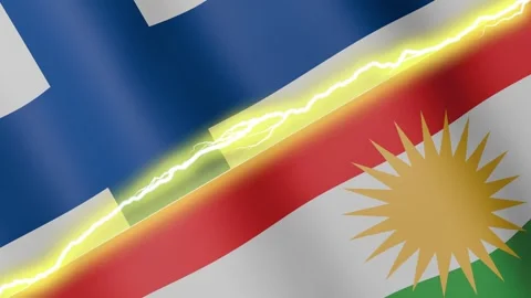 Two waving flags Finland and Kurdistan with diagonal lightning, 4k loop Stock Footage 340197643