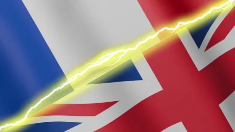 Two waving flags France and United Kingdom with diagonal lightning, 4k loop Stock Footage 329026853