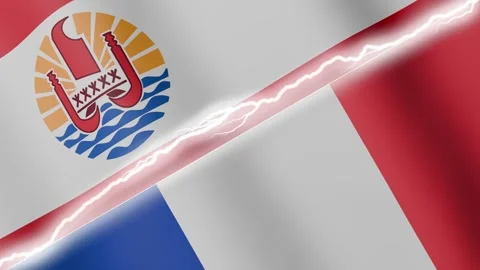 Two waving flags French Polynesia and France with diagonal lightning 4k loop Stock Footage 329223882