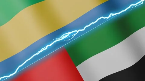 Two waving flags Gabon and United Arab Emirates with diagonal lightning 4k loop Stock Footage 333977132