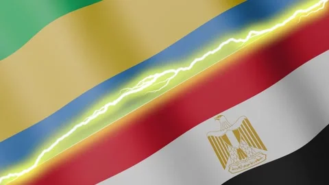 Two waving flags Gabon and Egypt with diagonal lightning, 4k loop Stock Footage 339995582