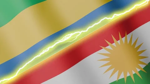 Two waving flags Gabon and Kurdistan with diagonal lightning, 4k loop Stock Footage 340197651