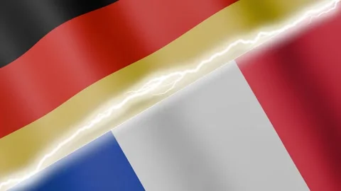Two waving flags Germany and France with diagonal lightning 4k loop Stock Footage 329223885